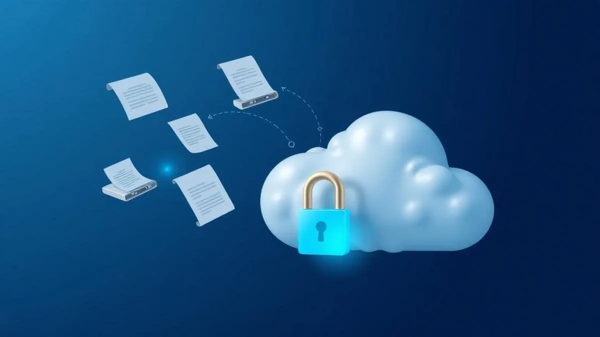 Documentos sendo enviados para uma nuvem com cadeado de criptografia