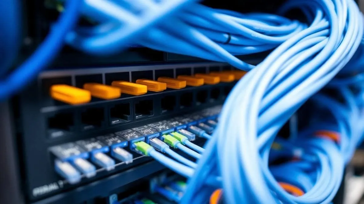 Cabos de rede categoria 6 organizados em rack corporativo