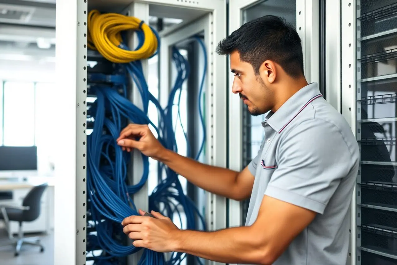 Técnico organizando cabeamento estruturado em rack corporativo