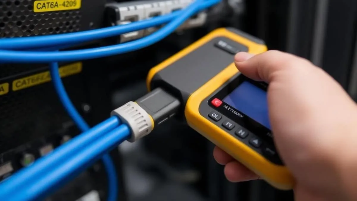 Equipamento Fluke certificando cabeamento estruturado em rack