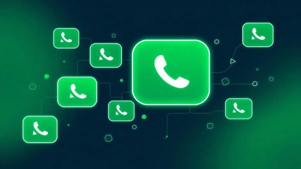Ilustração de balões de conversa do WhatsApp conectados por uma rede neural verde representando IA
