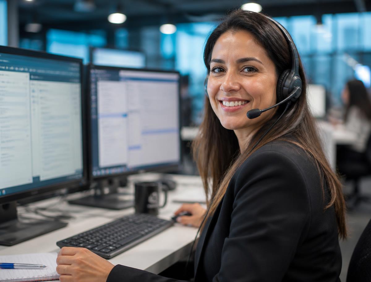 Atendente usando chat inteligente com IA no WhatsApp da empresa
