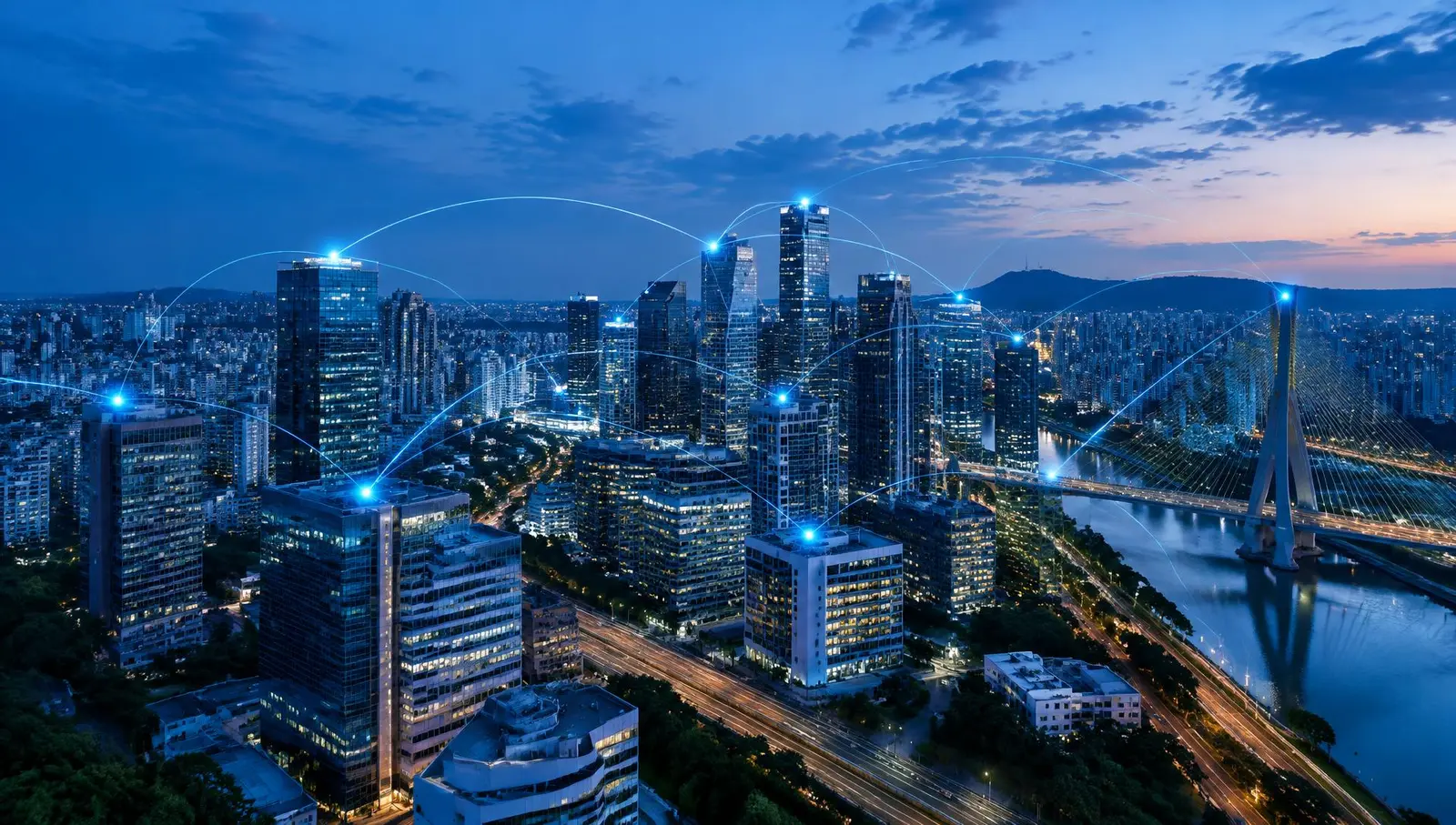 Cidade com prédios empresariais conectados pela rede da SmartConect