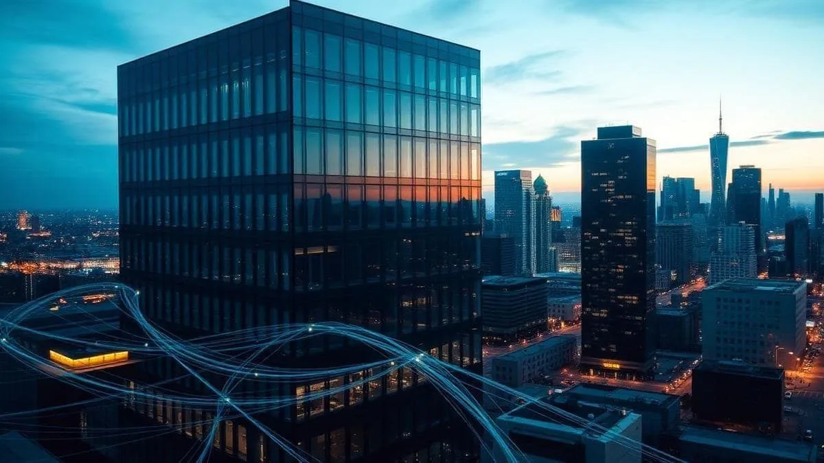 Prédio corporativo conectado por fibra óptica ao skyline da cidade