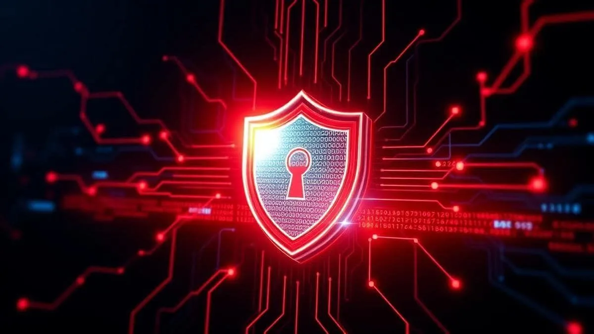 Escudo digital vermelho protegendo uma rede corporativa contra ataques