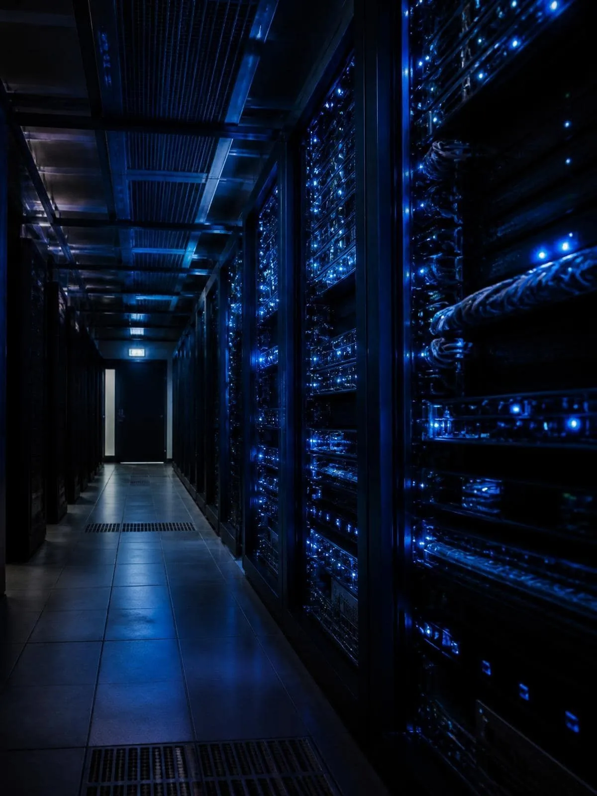 Corredor de datacenter da SmartConect com racks de servidores iluminados por LEDs azuis