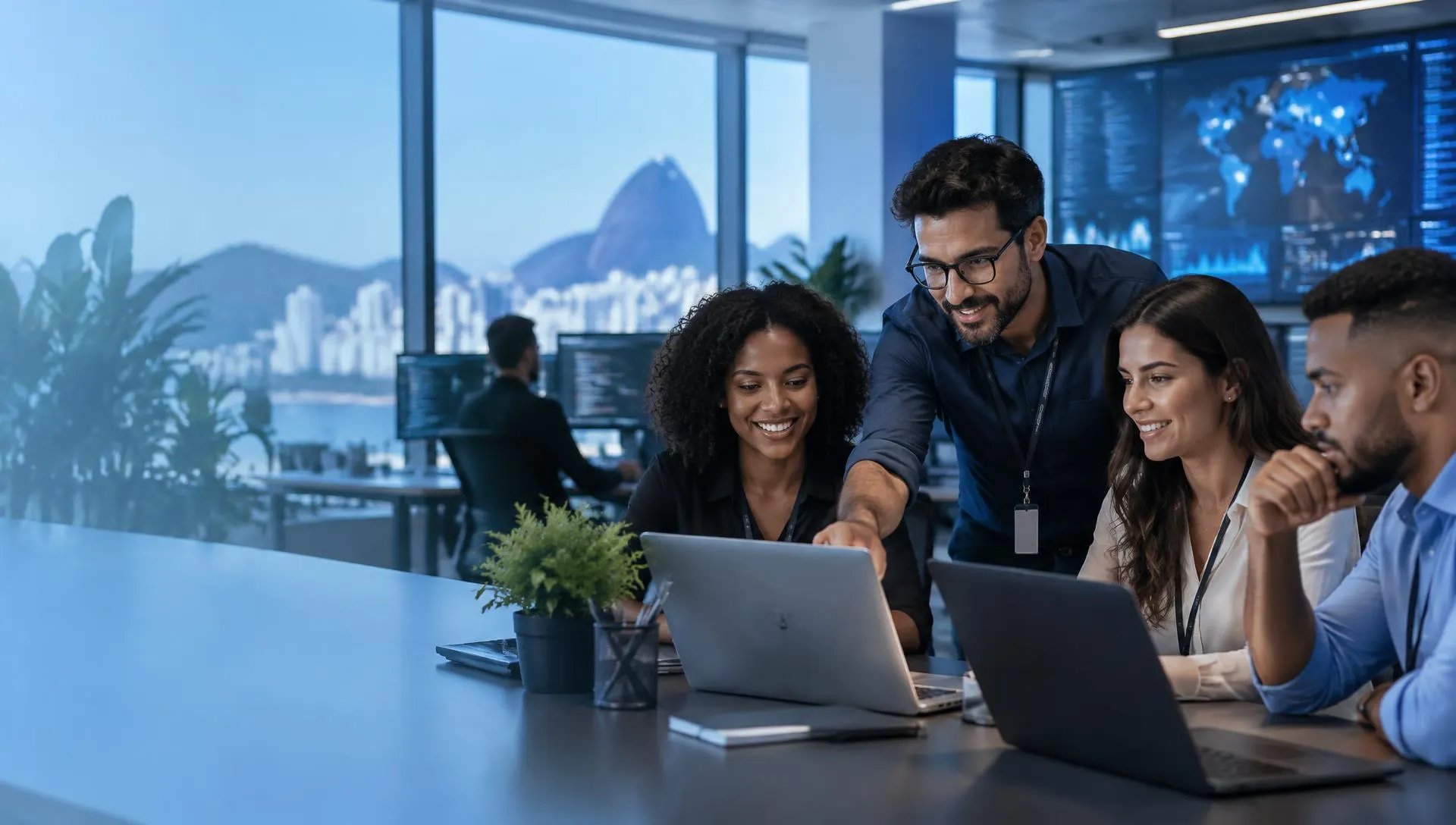 Equipe de empresa trabalhando conectada com a SmartConect