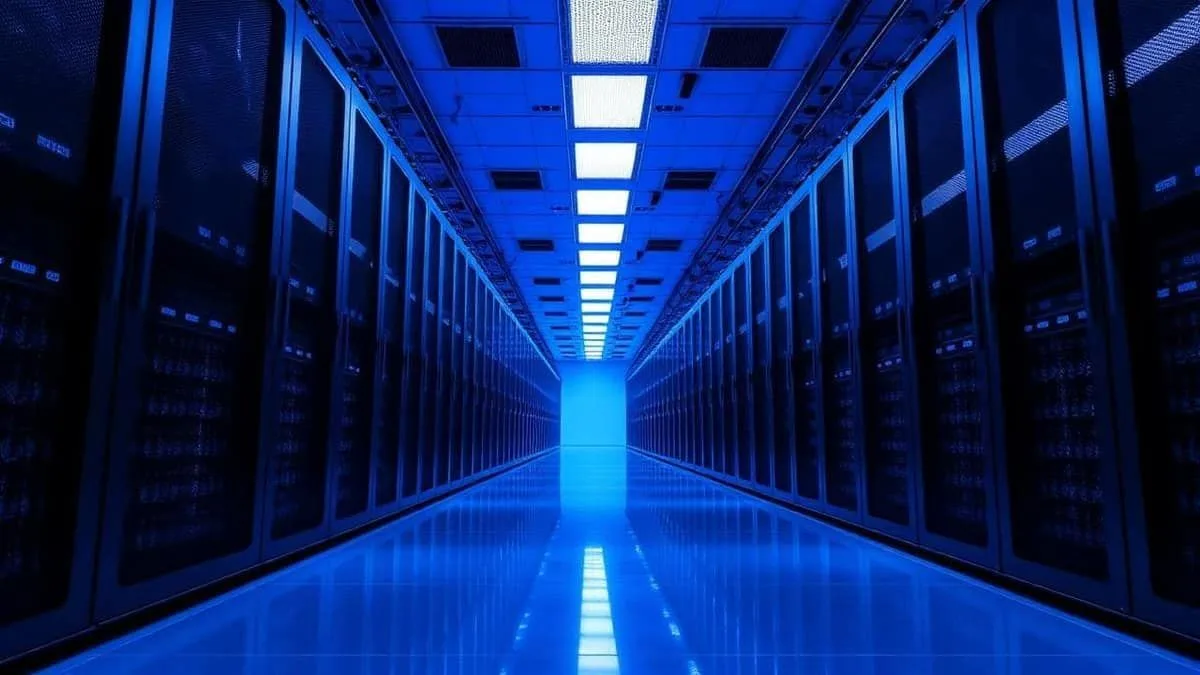 Data center corporativo no Brasil com racks iluminados em azul