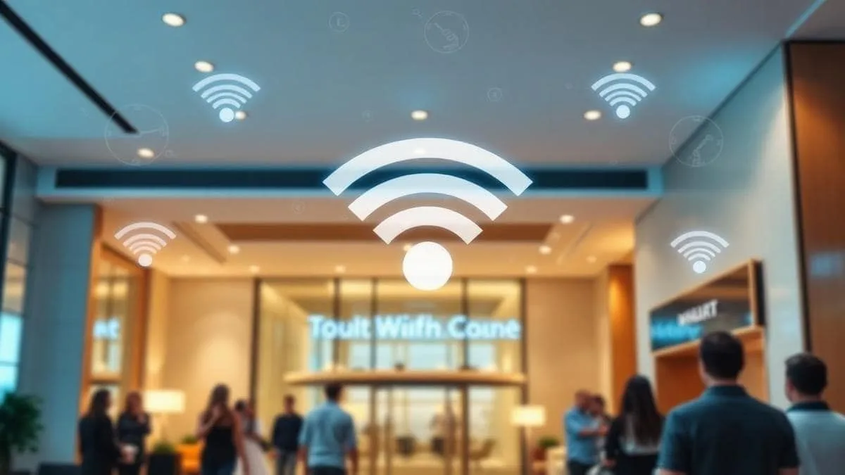 Lobby de hotel com pessoas conectadas em Wi-Fi por captive portal