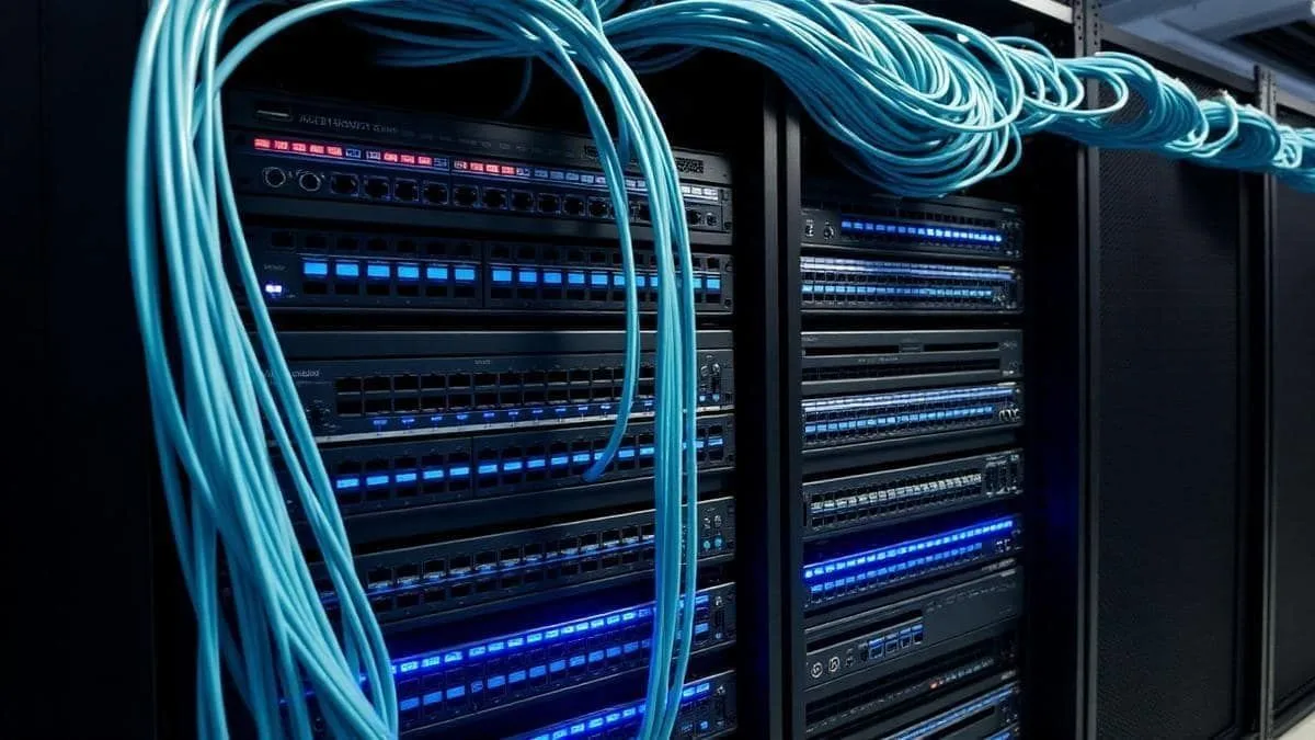 Rack de rede corporativa organizado com switches e cabeamento