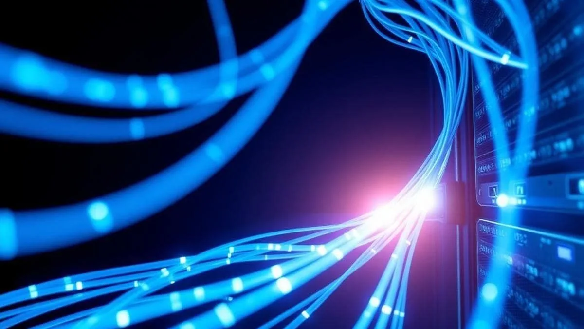 Cabos de fibra óptica iluminados conectando um data center corporativo