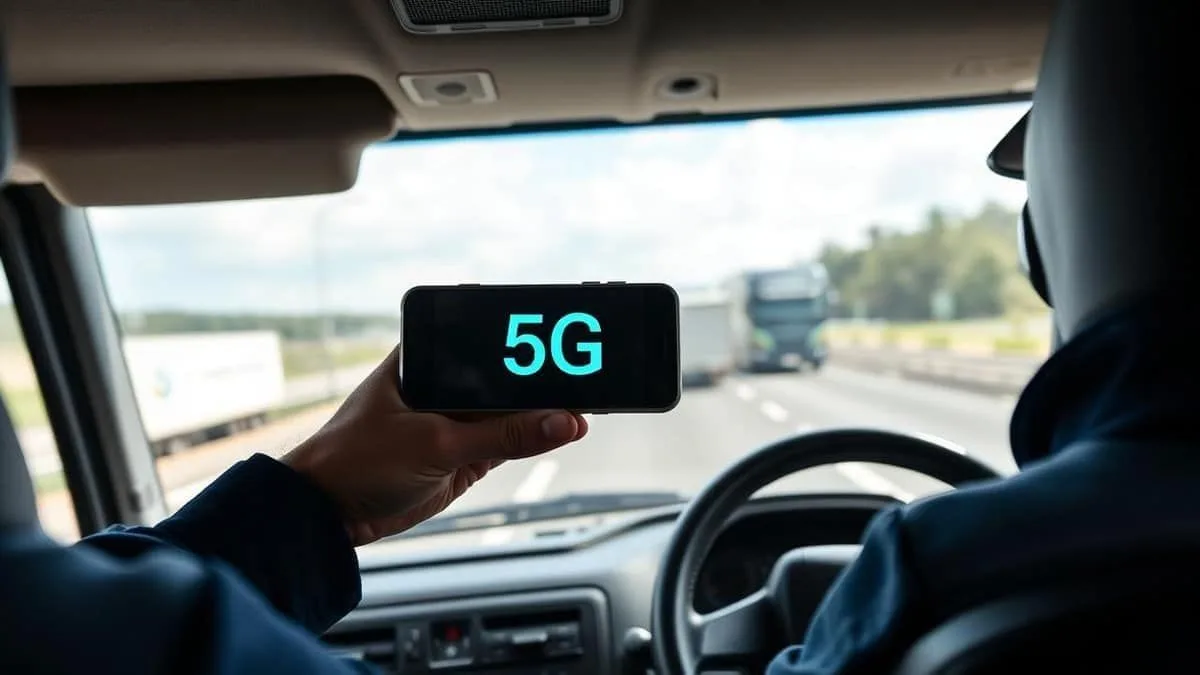 Motorista com smartphone mostrando sinal 5G em rodovia brasileira