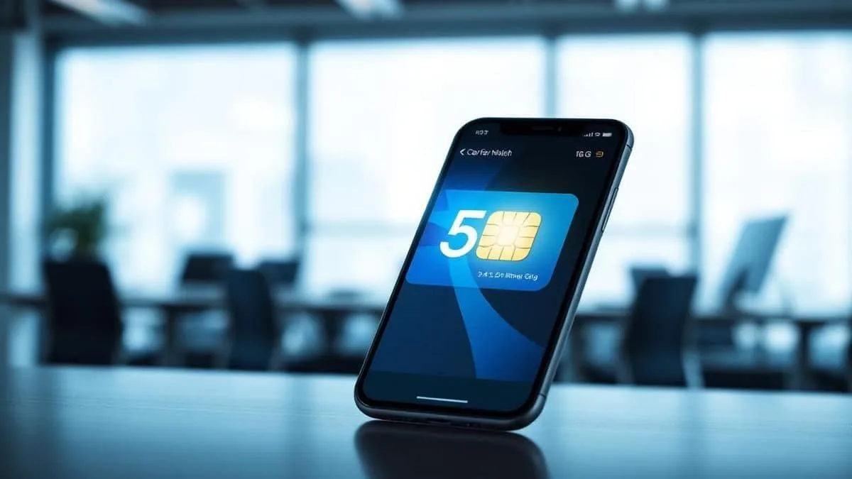 Smartphone corporativo com chip SIM e ícone 5G sobre mesa de escritório