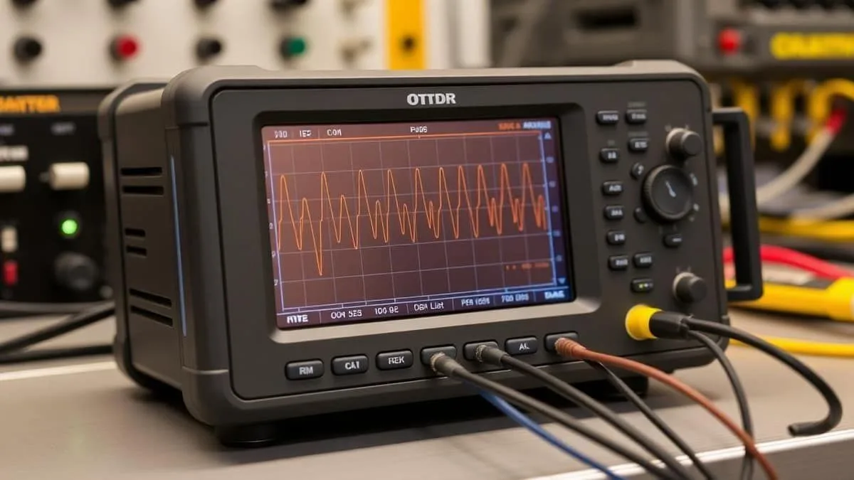 Tela de OTDR mostrando gráfico de perda em link de fibra óptica