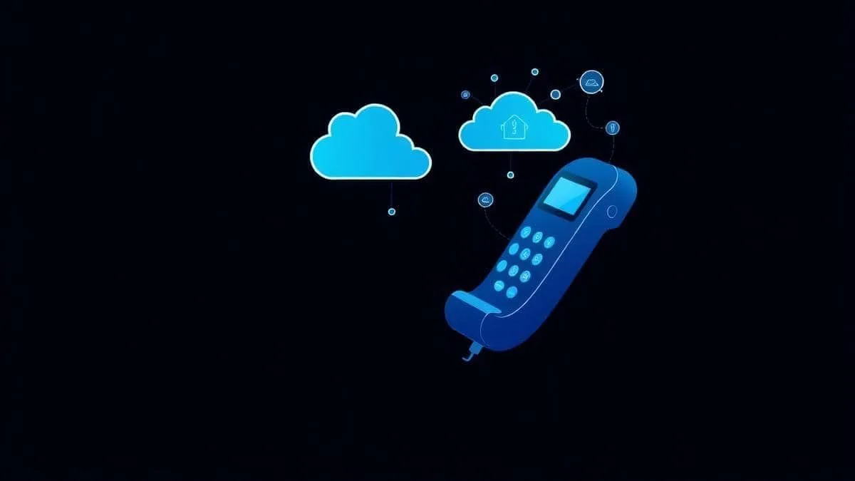 Ilustração conceitual de um telefone VoIP conectado a uma nuvem representando PABX virtual