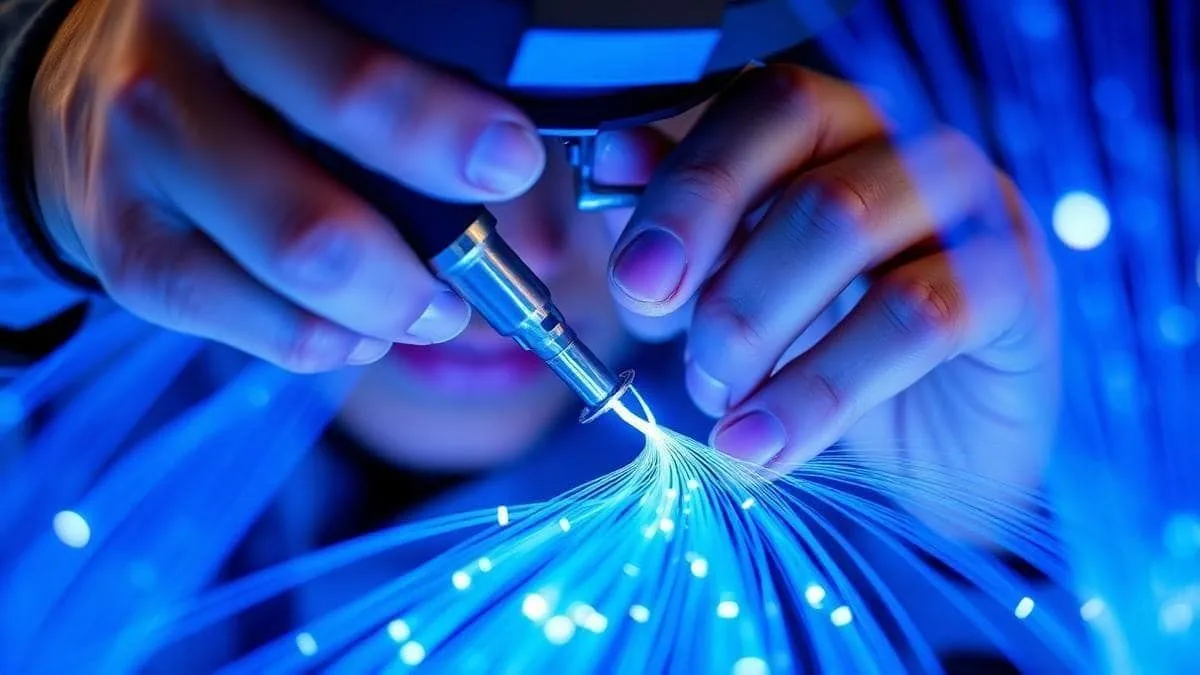 Fibras ópticas iluminadas sendo fusionadas por um técnico especializado