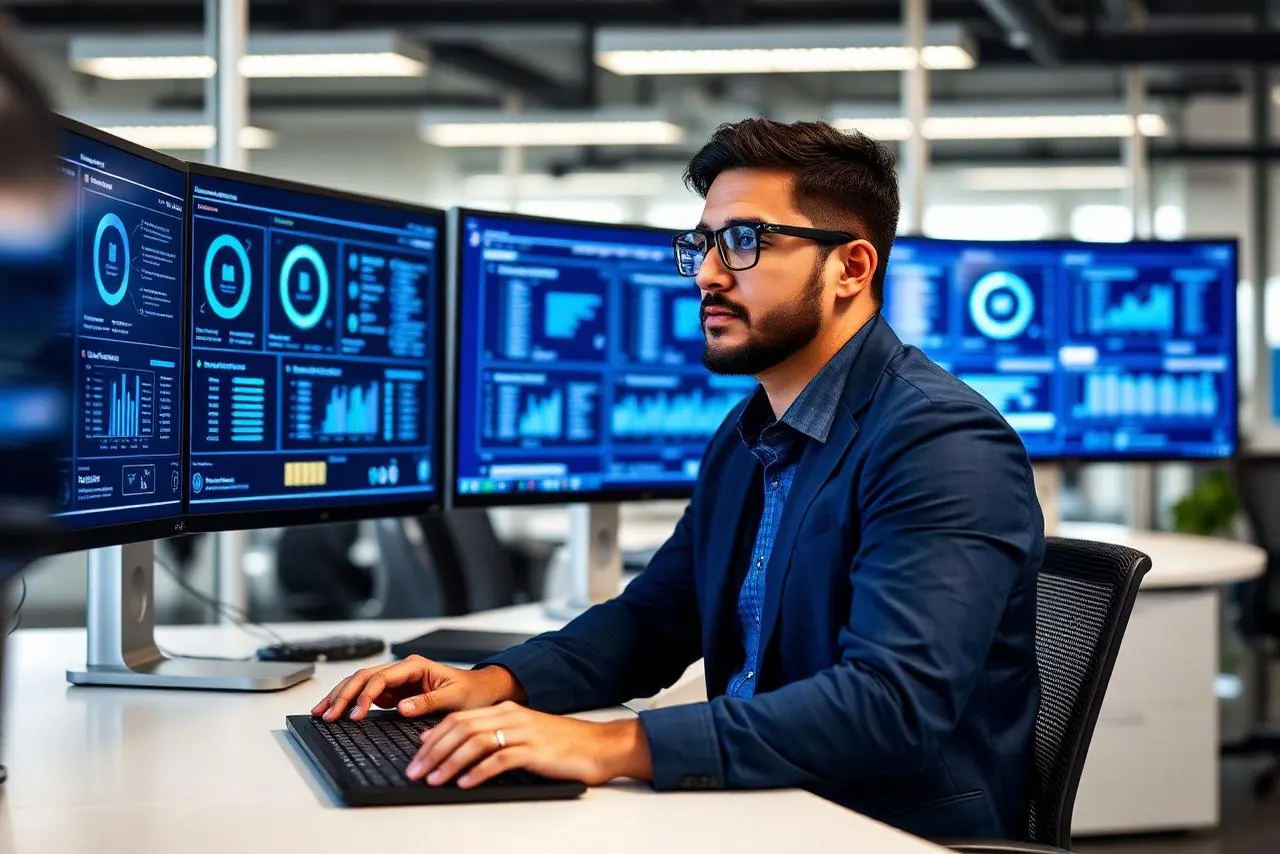 Analista de segurança monitorando painéis do firewall gerenciado