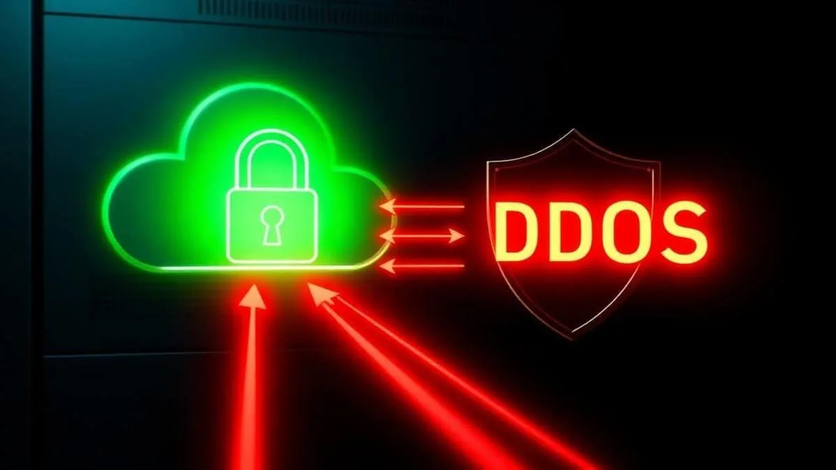 Servidor em nuvem protegido por escudo verde contra ataques DDoS em vermelho