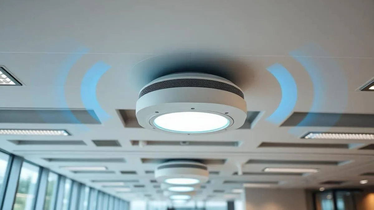 Access points corporativos instalados no teto de um escritório moderno